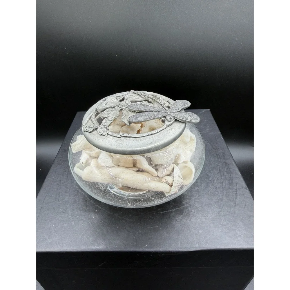 🐉✨ Glass Trinket / Potpourri Dish w/ Pewter Dragonfly Lid – Nature Décor ✨🐉